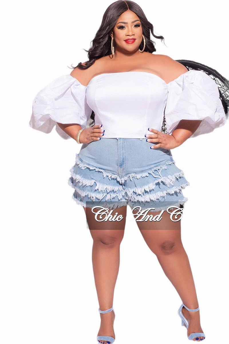 Final Sale Plus Size Ruffle Layered Frayed Shorts in Light Denim Urban Comfort