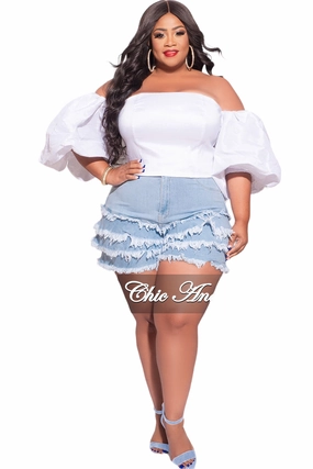 Smooth Texture Final Sale Plus Size Ruffle Layered Frayed Shorts in Light Denim
