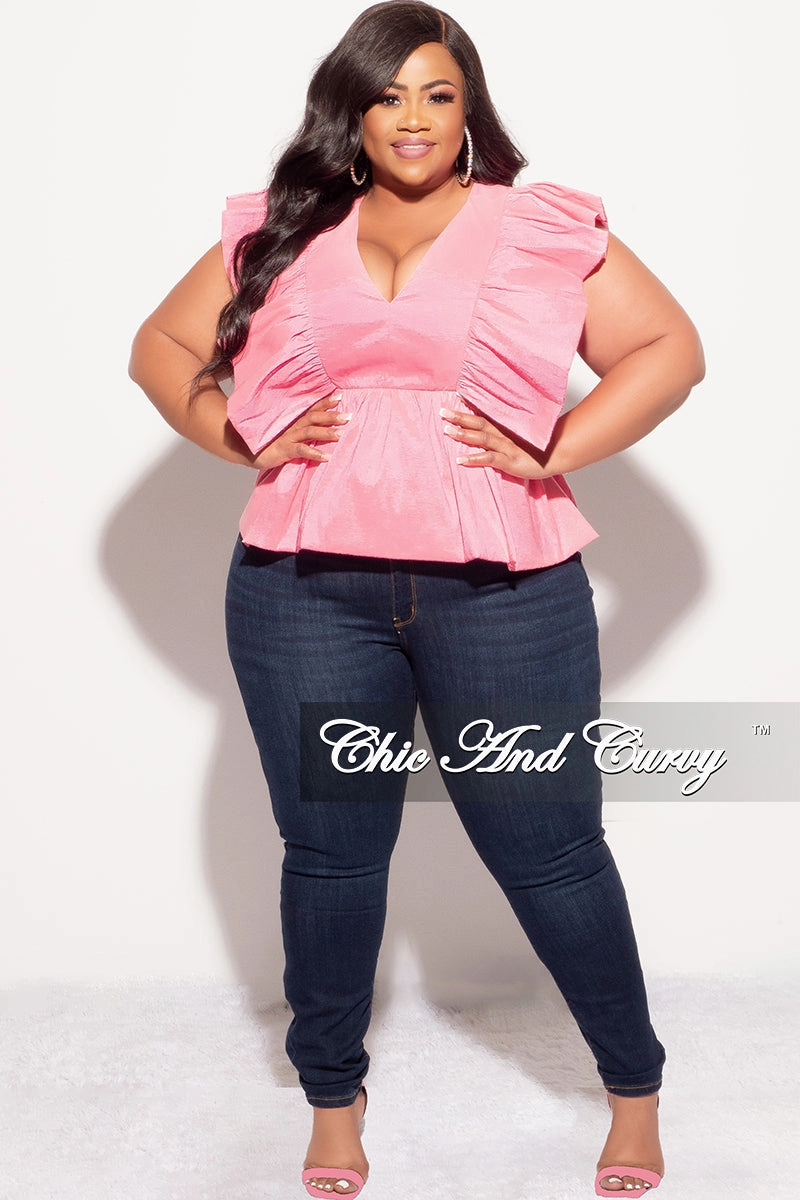 Final Sale Plus Size Ruffle Peplum Top in Pink Wrinkle-Resistant