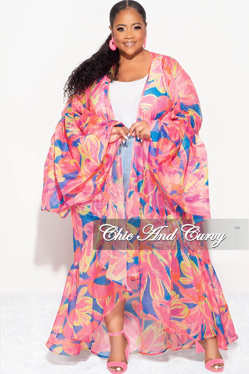 Stretch Movement Quality Material Final Sale Plus Size Ruffle Sleeve Kimono Duster in Pink and Royal Blue