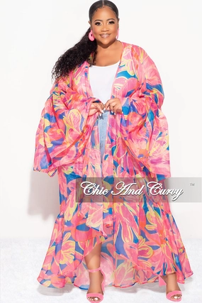 Stretch Movement Quality Material Final Sale Plus Size Ruffle Sleeve Kimono Duster in Pink and Royal Blue