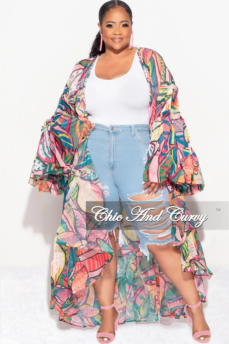 Final Sale Plus Size Ruffle Sleeve Kimono Duster in Pink Multi Color ReinforcedPockets Trendy Design