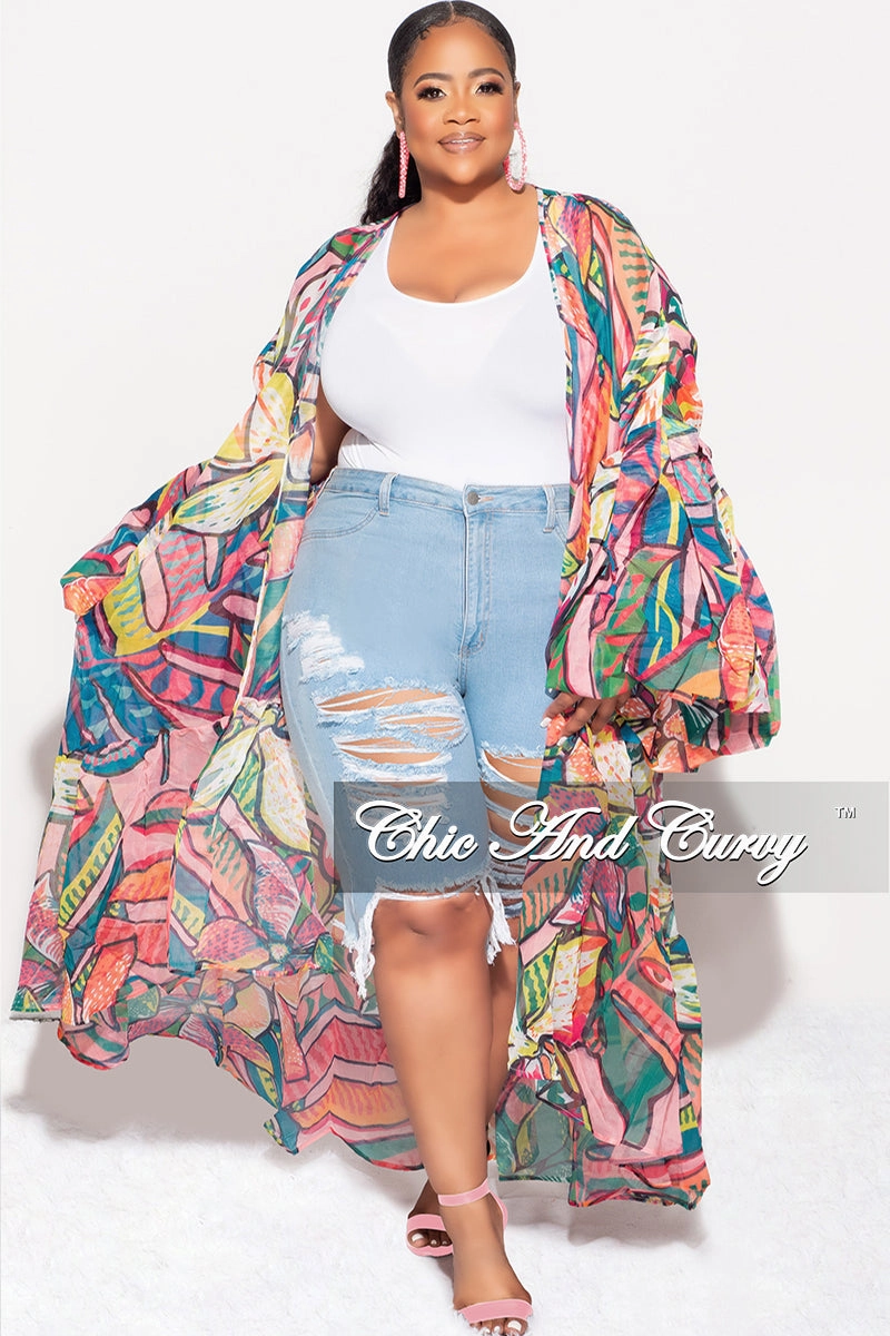Windproof Design Final Sale Plus Size Ruffle Sleeve Kimono Duster in Pink Multi Color