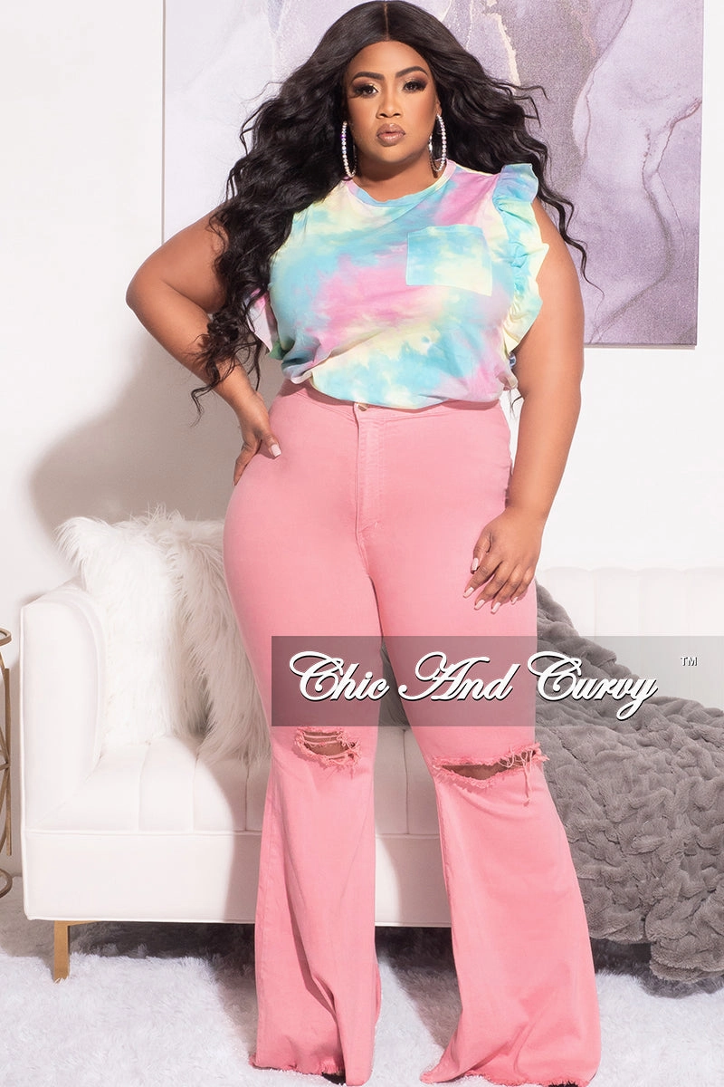 Agile Fit Final Sale Plus Size Ruffle Trim Pocket Patched Shirt in Rainbow Cloud Print