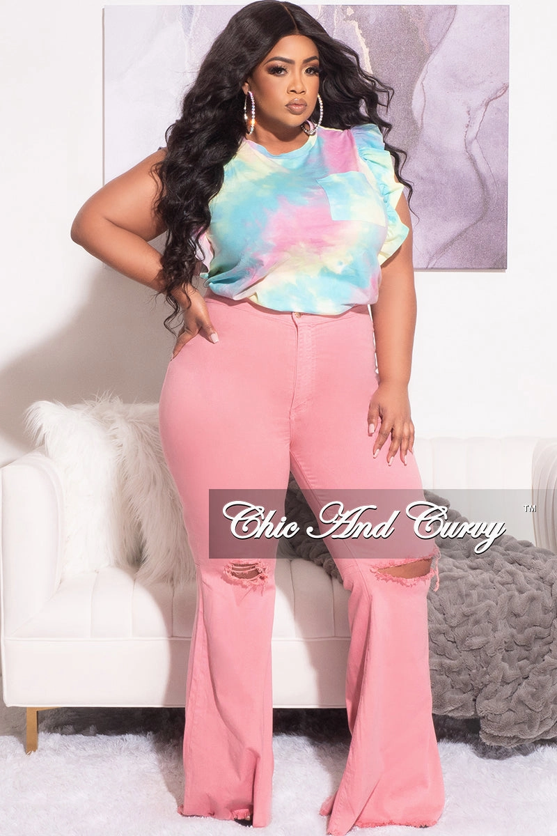 Layered Protection Perfect Comfort Fit Final Sale Plus Size Ruffle Trim Pocket Patched Shirt in Rainbow Cloud Print