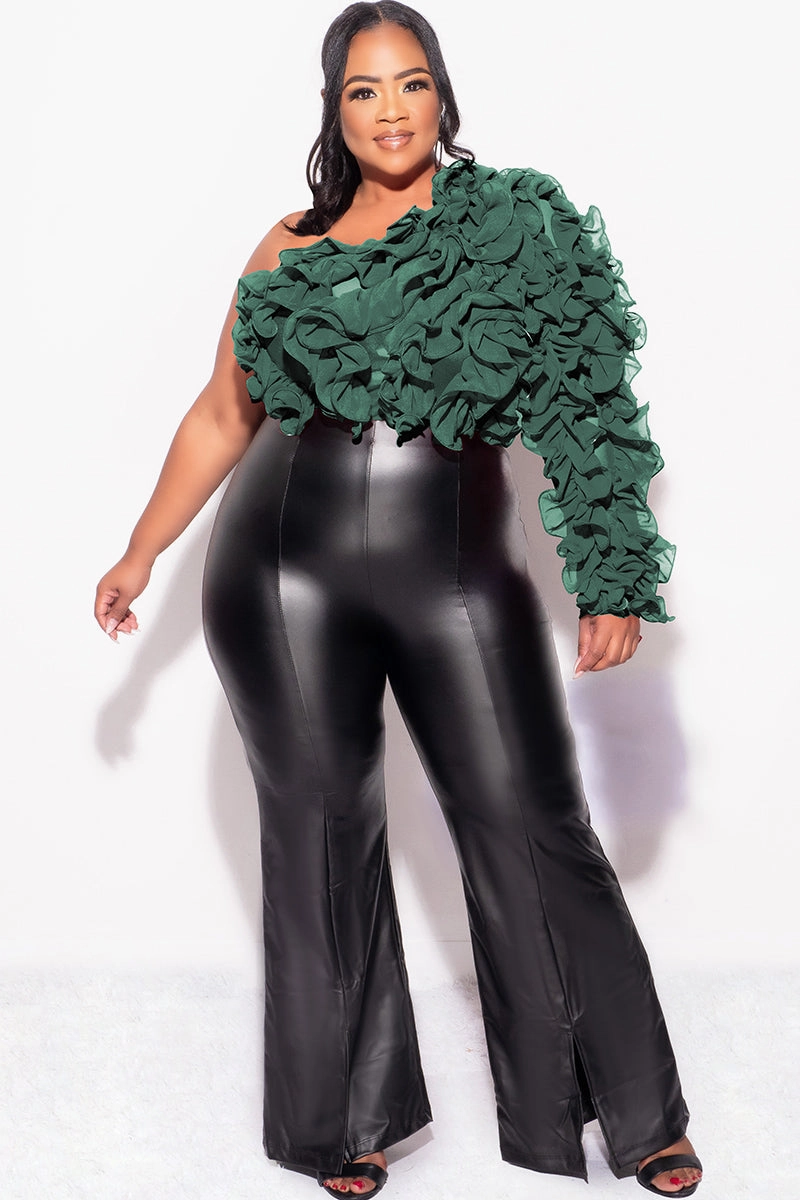 Quick Fit Design Ultra Soft Blend Final Sale Plus Size Ruffled One Shoulder Crop Top Hunter Green