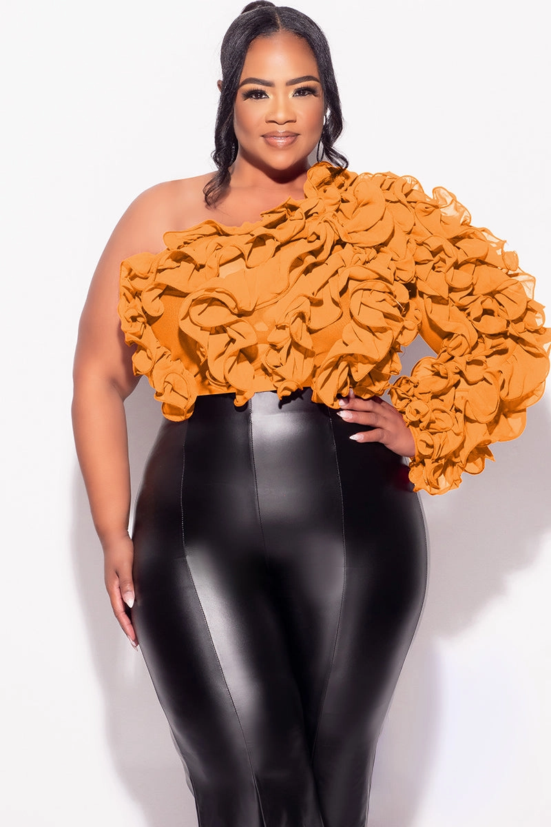 Final Sale Plus Size Ruffled One Shoulder Crop Top in Rust Brown Flexible Knee Articulation