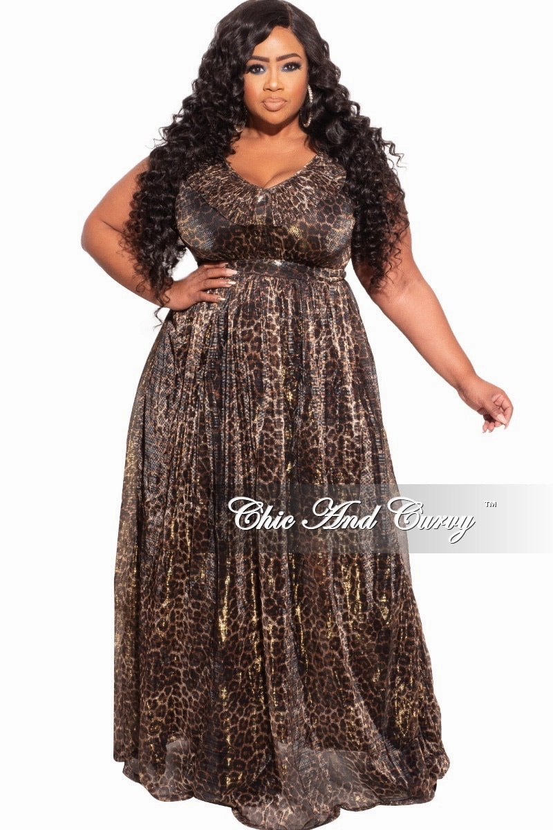Summer Dress Final Sale Plus Size Ruffled V-neck Chiffon Gown in Cheetah Print