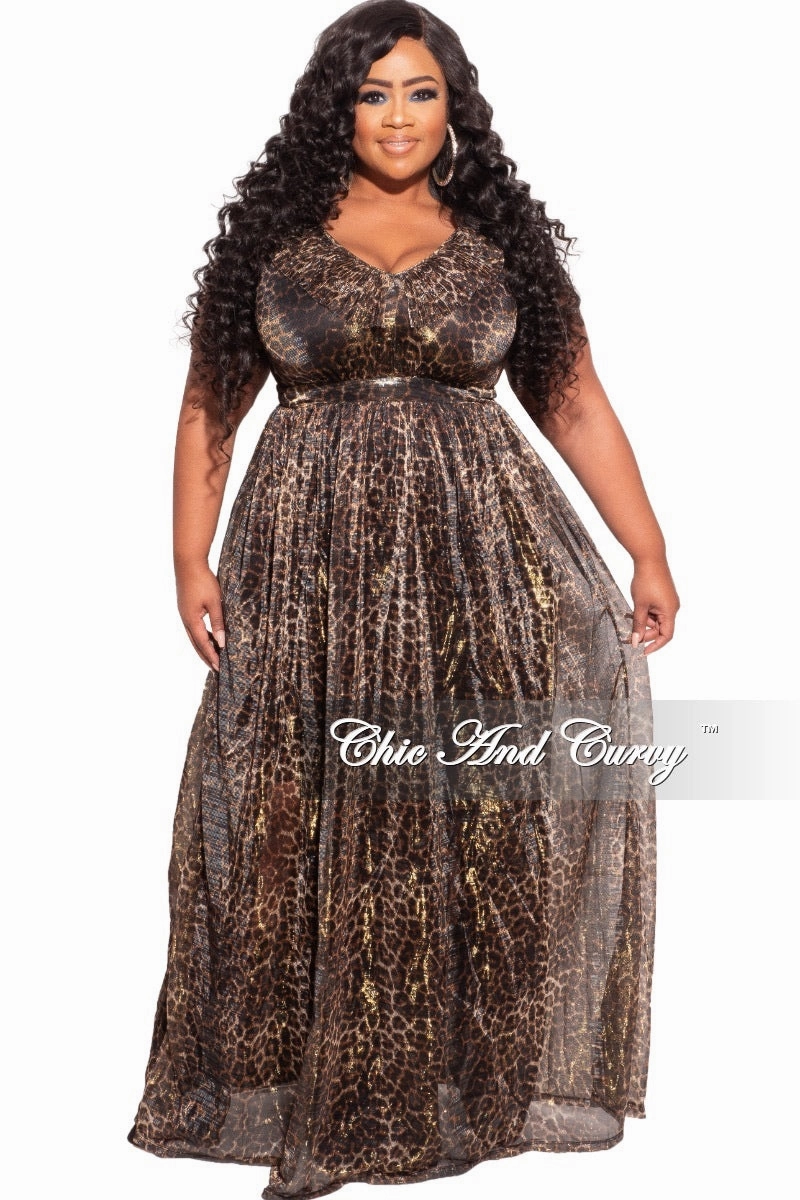 Final Sale Plus Size Ruffled V-neck Chiffon Gown in Cheetah Print RollUpSleeves