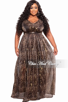 Final Sale Plus Size Ruffled V-neck Chiffon Gown in Cheetah Print RollUpSleeves