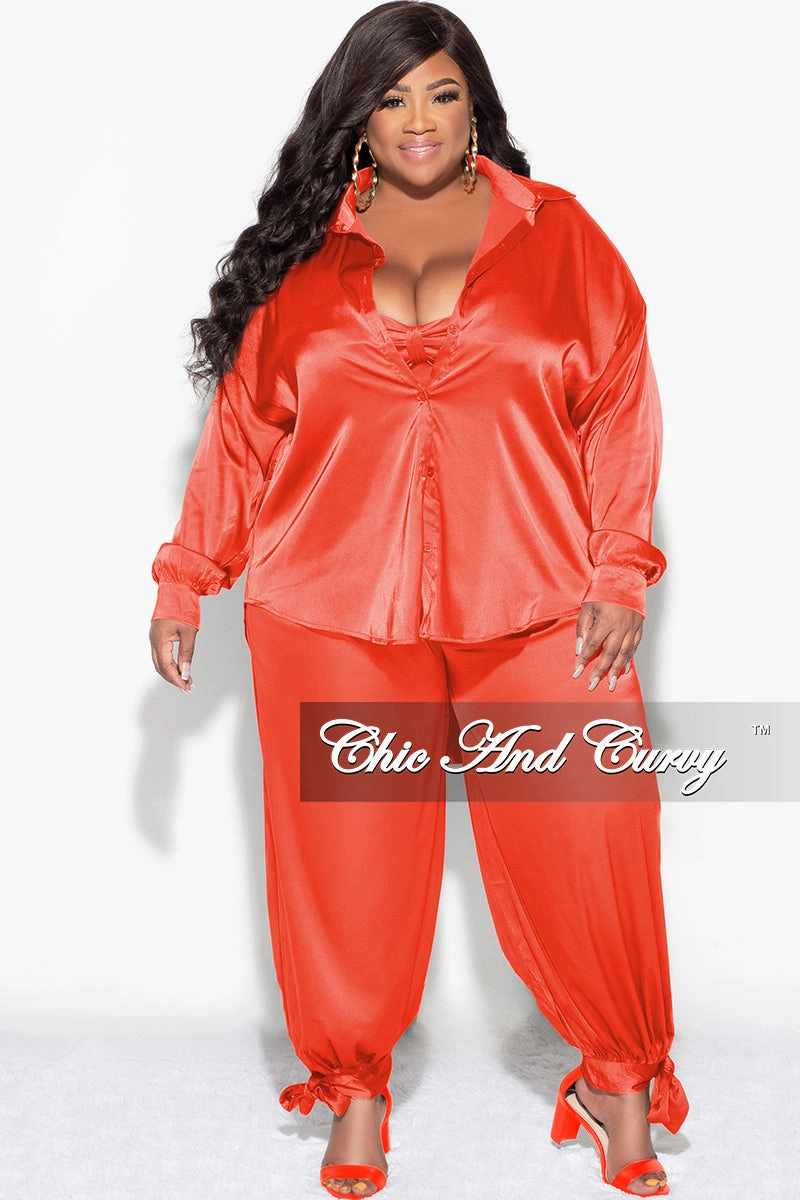 ReinforcedSeams Final Sale Plus Size Satin 3pc Set (Collar Top, Tube Bra and High Waist Pants) in Orange