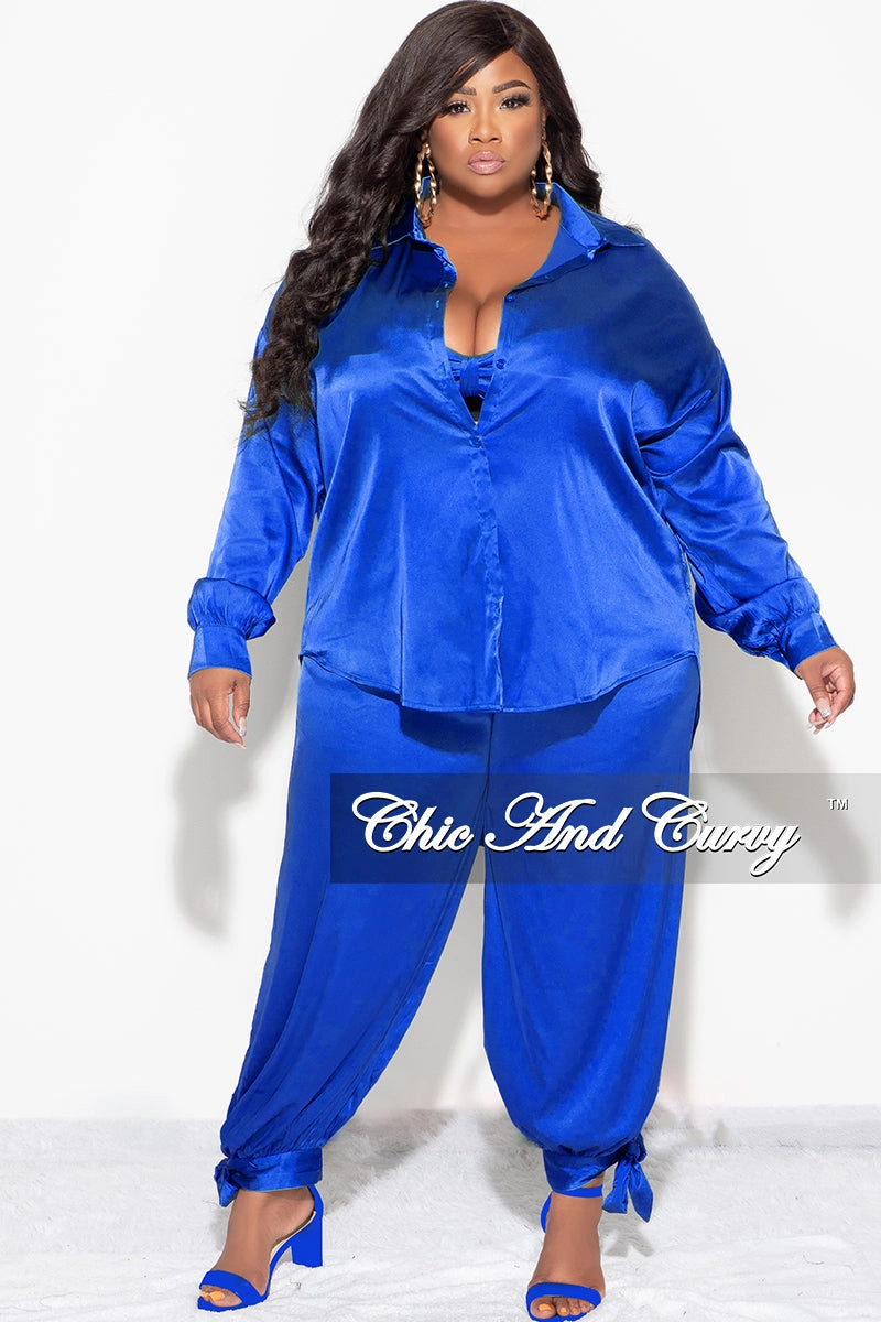 Final Sale Plus Size Satin 3pc Set (Collar Top, Tube Bra and High Waist Pants) in Royal Blue Walk Friendly Outdoor Comfort Fit
