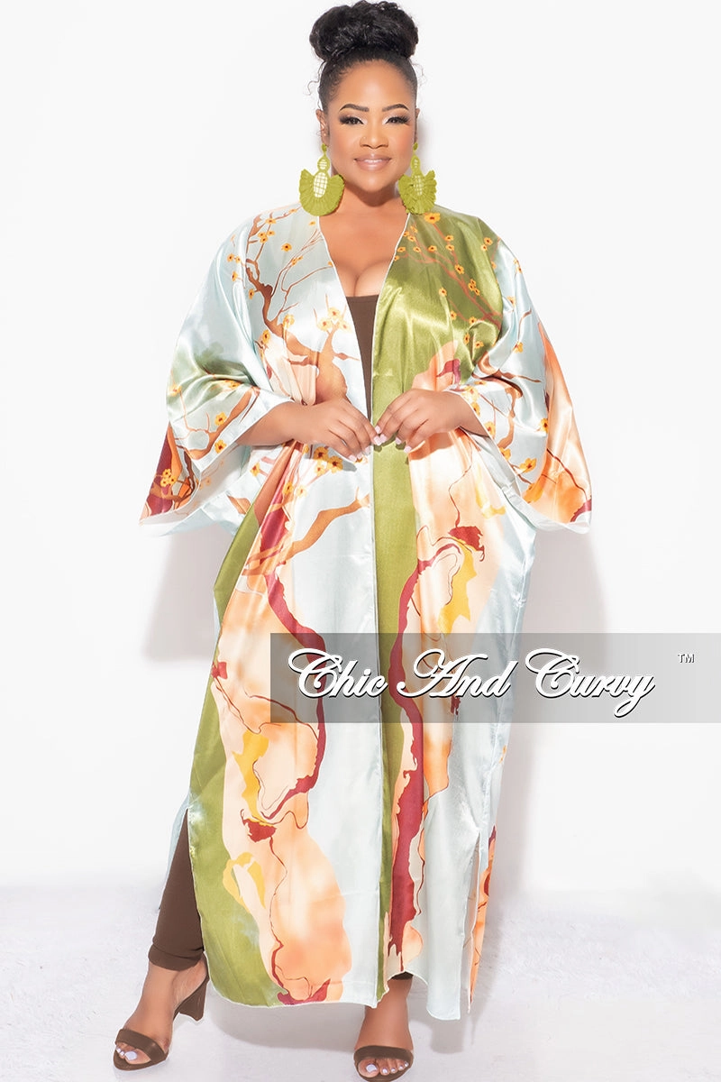 Clean Lines Stretching Fit Final Sale Plus Size Satin Caftan in Olive & Rust Multi Color Floral Print