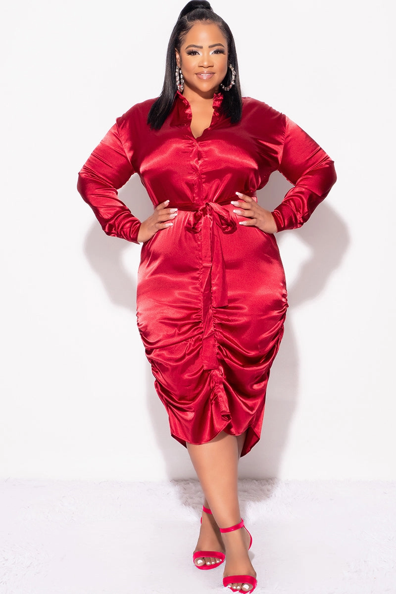 Final Sale Plus Size Satin Collar Button Up Dress with Attached Belt and Ruched Bottom in Burgundy Chilly Weather Comfort QuickReleaseFastenings