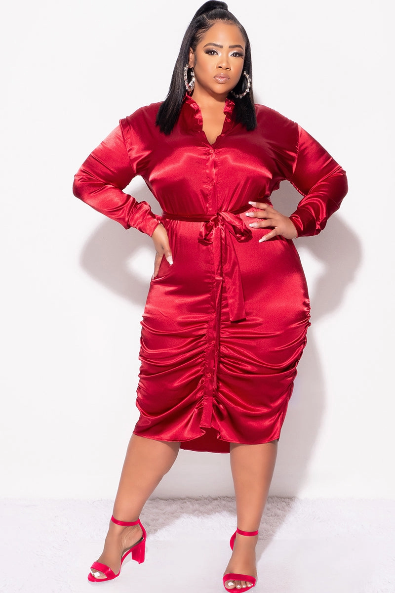 Soft Support Breathable layers Final Sale Plus Size Satin Collar Button Up Dress with Attached Belt and Ruched Bottom in Burgundy