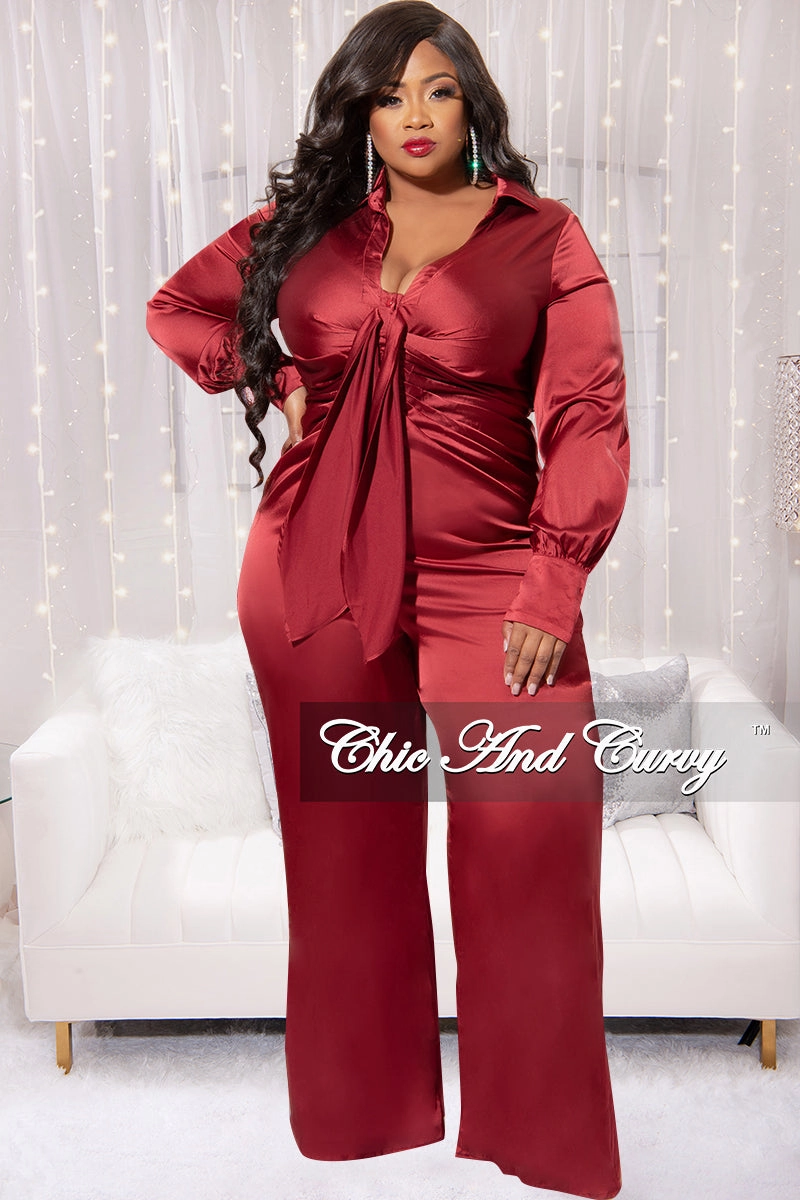 Final Sale Plus Size Satin Collar Front Tie Button Up Jumpsuit in Burgundy Soft Texture Adaptive Temperature Control