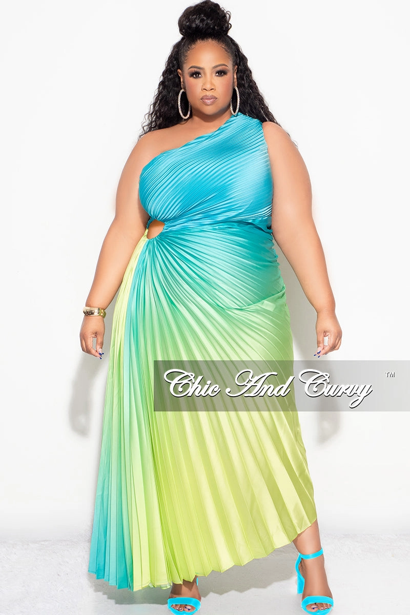 Final Sale Plus Size Satin One Shoulder Asymmetric Pleated Dress with Cut Out in Teal and Green Yarn Dyed Stripes Sporty Tee
