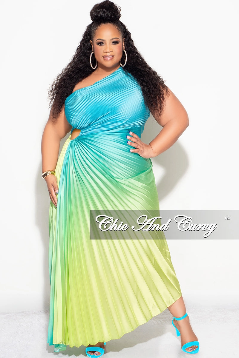 Final Sale Plus Size Satin One Shoulder Asymmetric Pleated Dress with Cut Out in Teal and Green Reflective Trim Sweat Absorbent Inner Layer