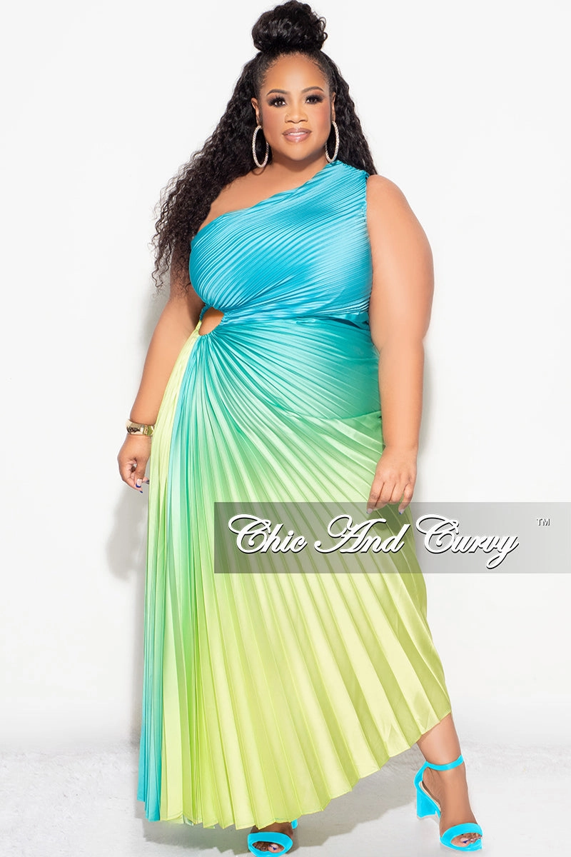 Final Sale Plus Size Satin One Shoulder Asymmetric Pleated Dress with Cut Out in Teal and Green Easycare MoistureWickingTechnology