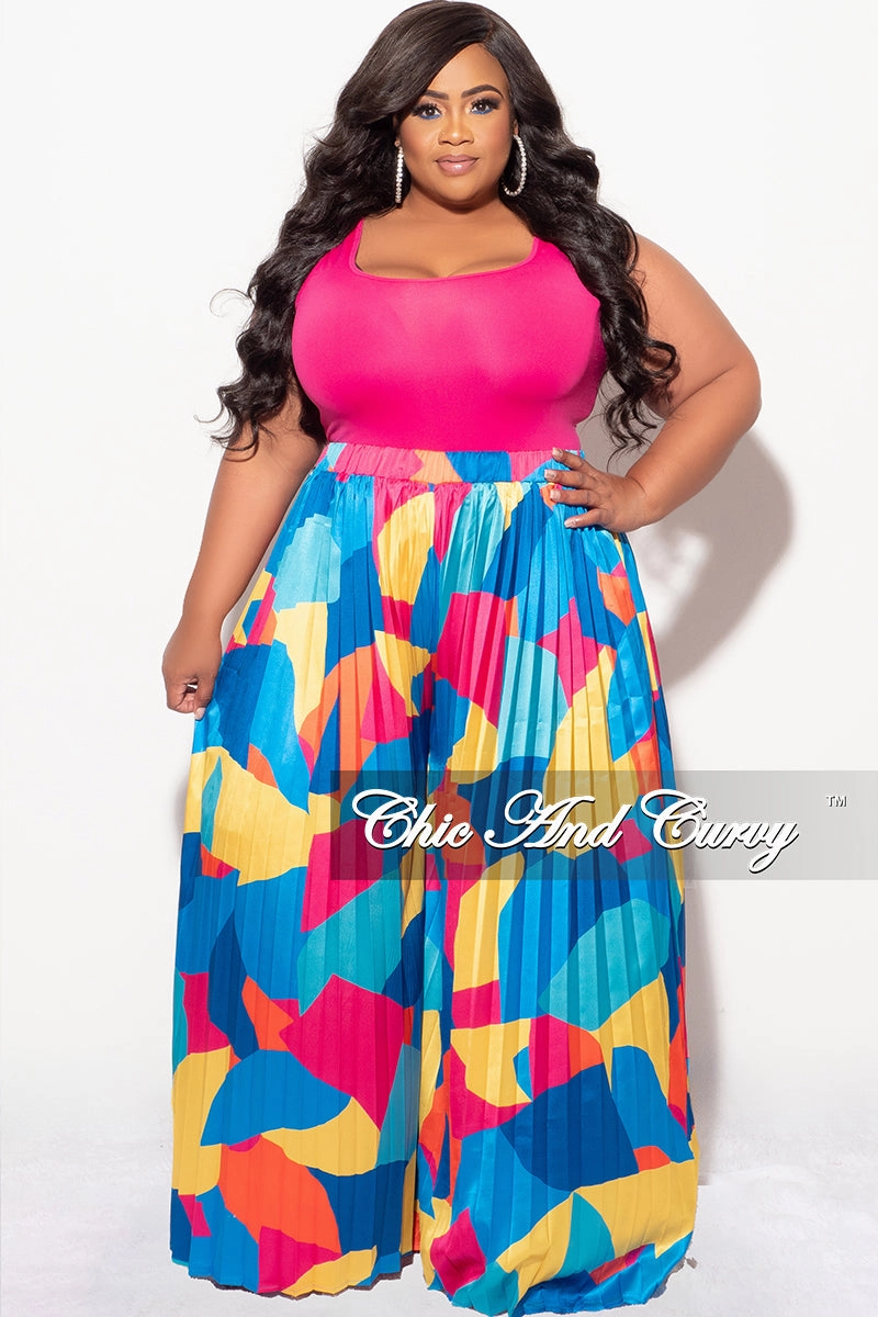 Final Sale Plus Size Satin Palazzo Pleated Pants in Royal Blue Multi Color Design Print Casual Flex