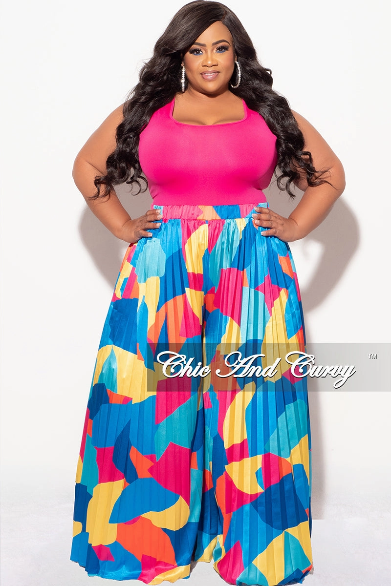 Final Sale Plus Size Satin Palazzo Pleated Pants in Royal Blue Multi Color Design Print Outfit Staple FlexibleStretchWeave