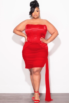Stylish Fit Final Sale Plus Size Satin Strapless Mini Dress with Side Train in Red