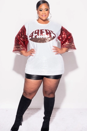 Performance Stretch Relaxed Look Final Sale Plus Size Sequin 49ERS Jersey Top in White Red and Gold