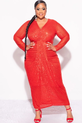 WrinkleResistantWeave Rolled Hem Detailing Final Sale Plus Size Sequin Bodycon Dress in Red