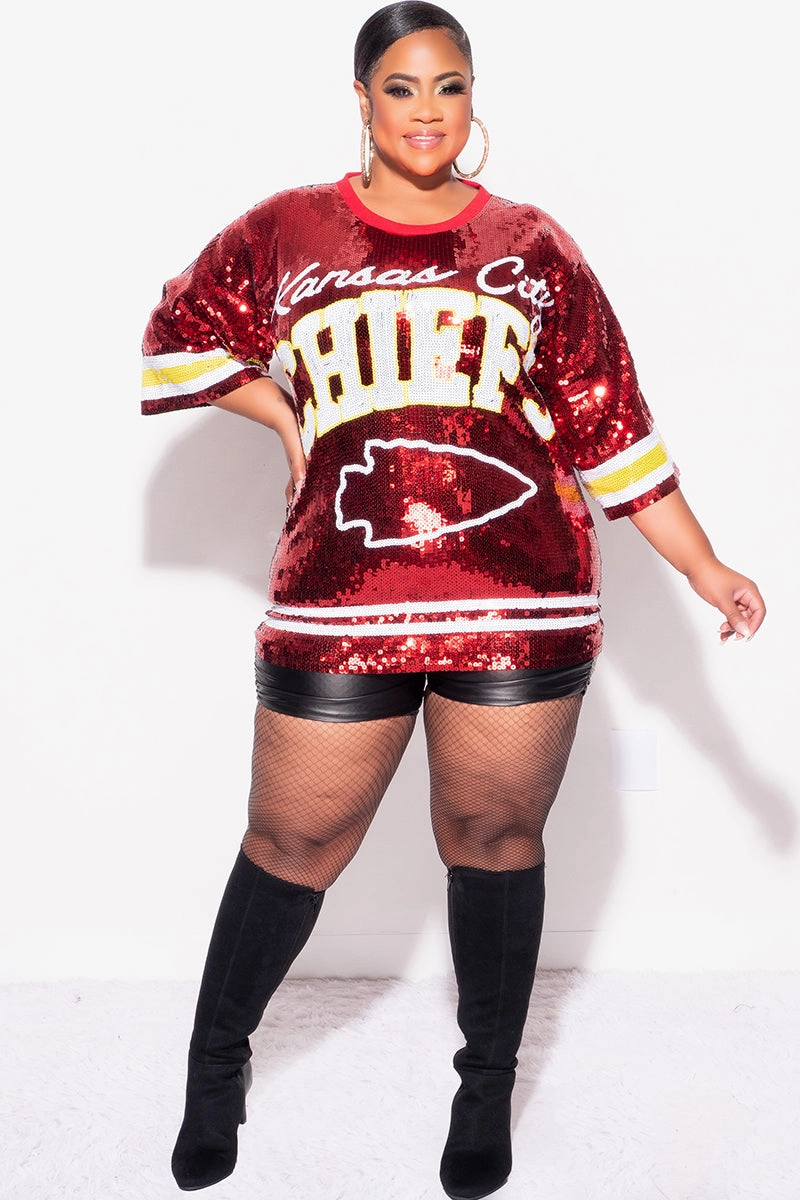 Final Sale Plus Size Sequin Kansas City Chiefs Jersey Top in Red White and Gold Smart Utility Adjustable Closure