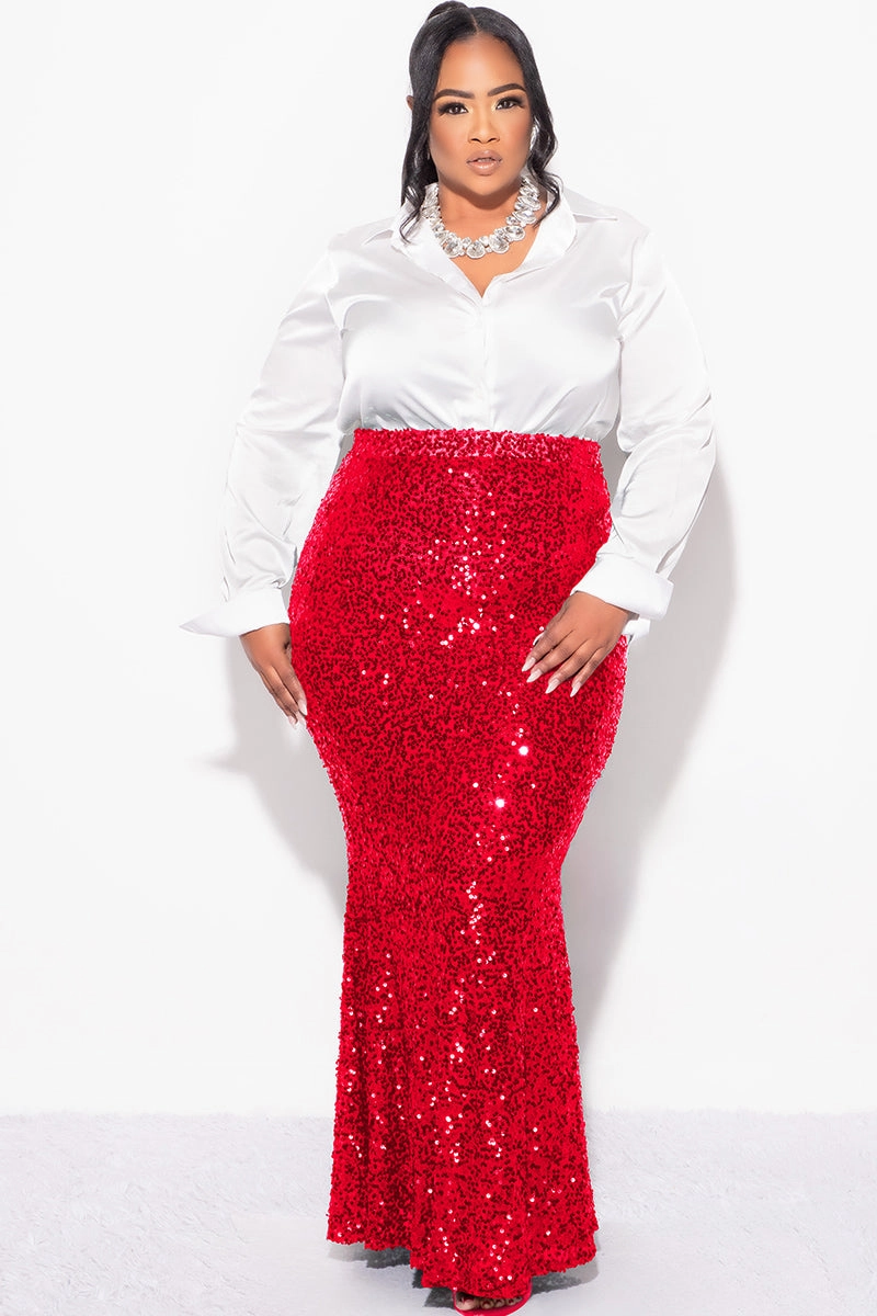 Final Sale Plus Size Sequin Skirt in Red DoubleStitched Hem