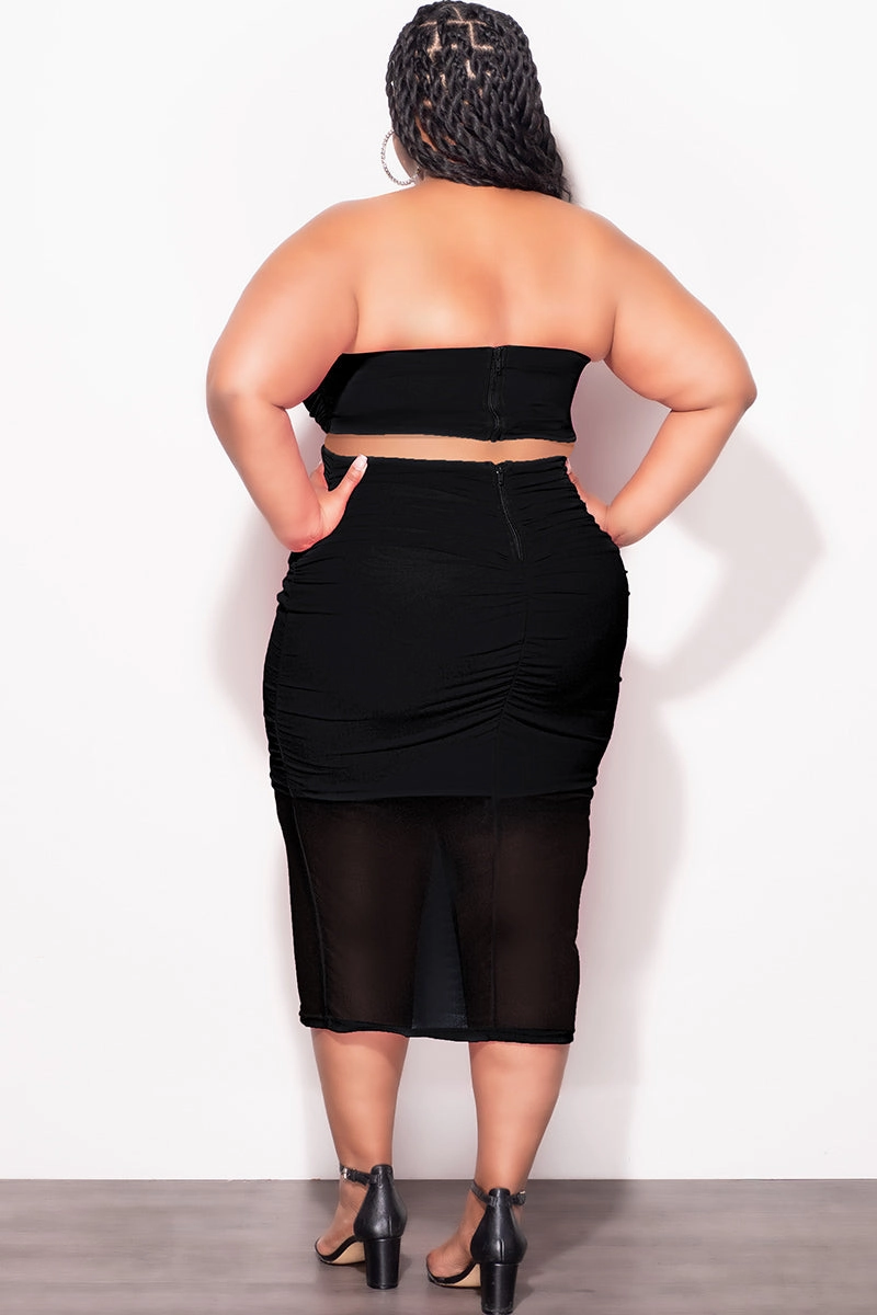 Final Sale Plus Size Sheer 2pc Strapless Crop Top and Skirt Set in Black No Gap Waist Construction