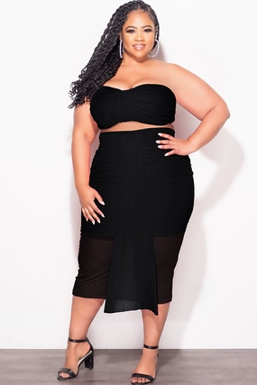 Final Sale Plus Size Sheer 2pc Strapless Crop Top and Skirt Set in Black Shape Retention Slim Waist