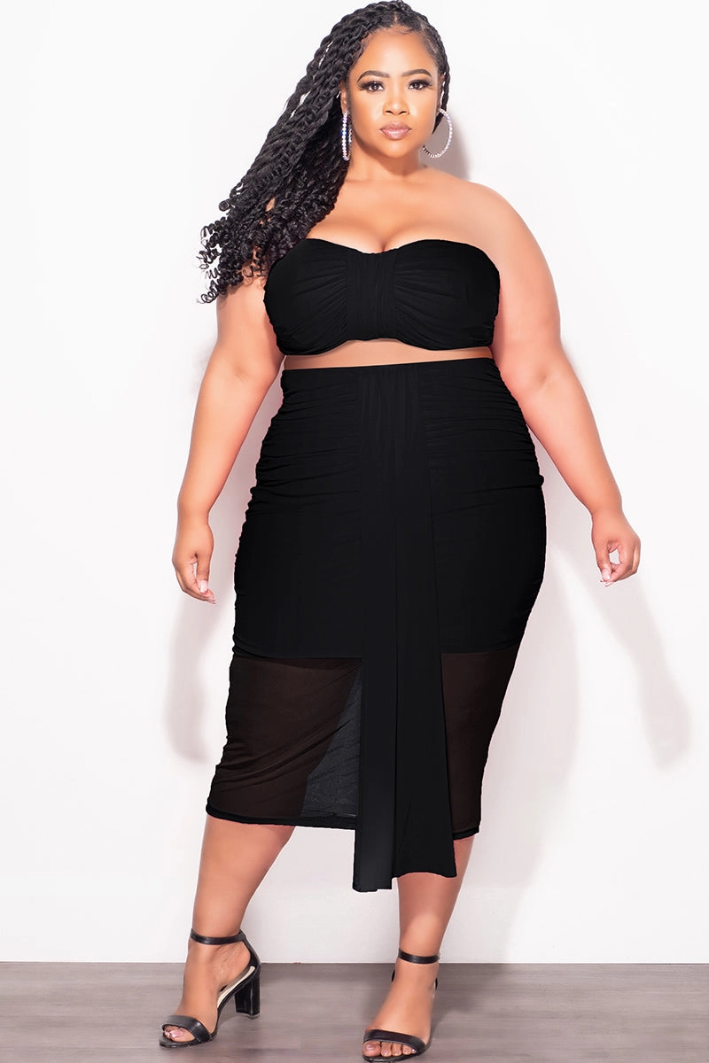 Low Profile Waistband Final Sale Plus Size Sheer 2pc Strapless Crop Top and Skirt Set in Black