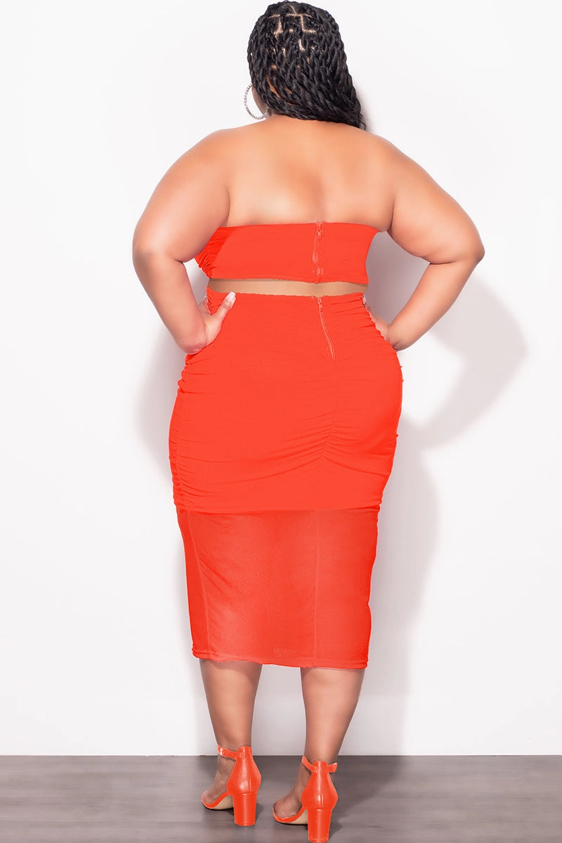 Final Sale Plus Size Sheer 2pc Strapless Crop Top and Skirt Set in Orange Stretch Panels Stretchable Comfort