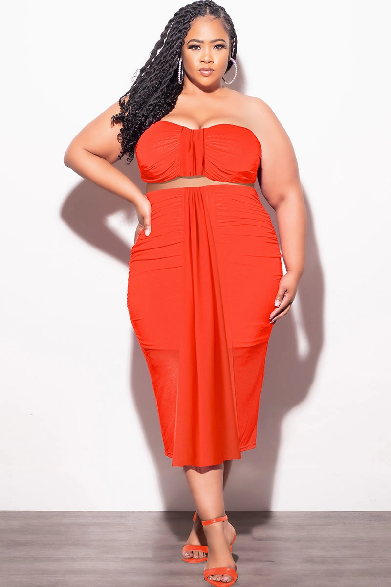 Fitted waist Sleek Design Final Sale Plus Size Sheer 2pc Strapless Crop Top and Skirt Set in Orange