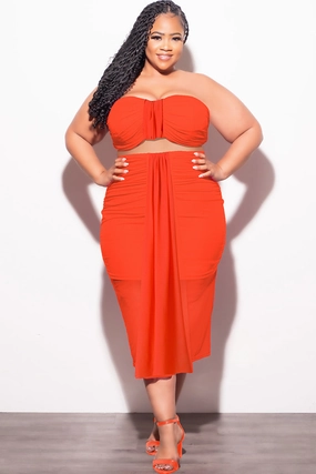 Final Sale Plus Size Sheer 2pc Strapless Crop Top and Skirt Set in Orange Trail Ready