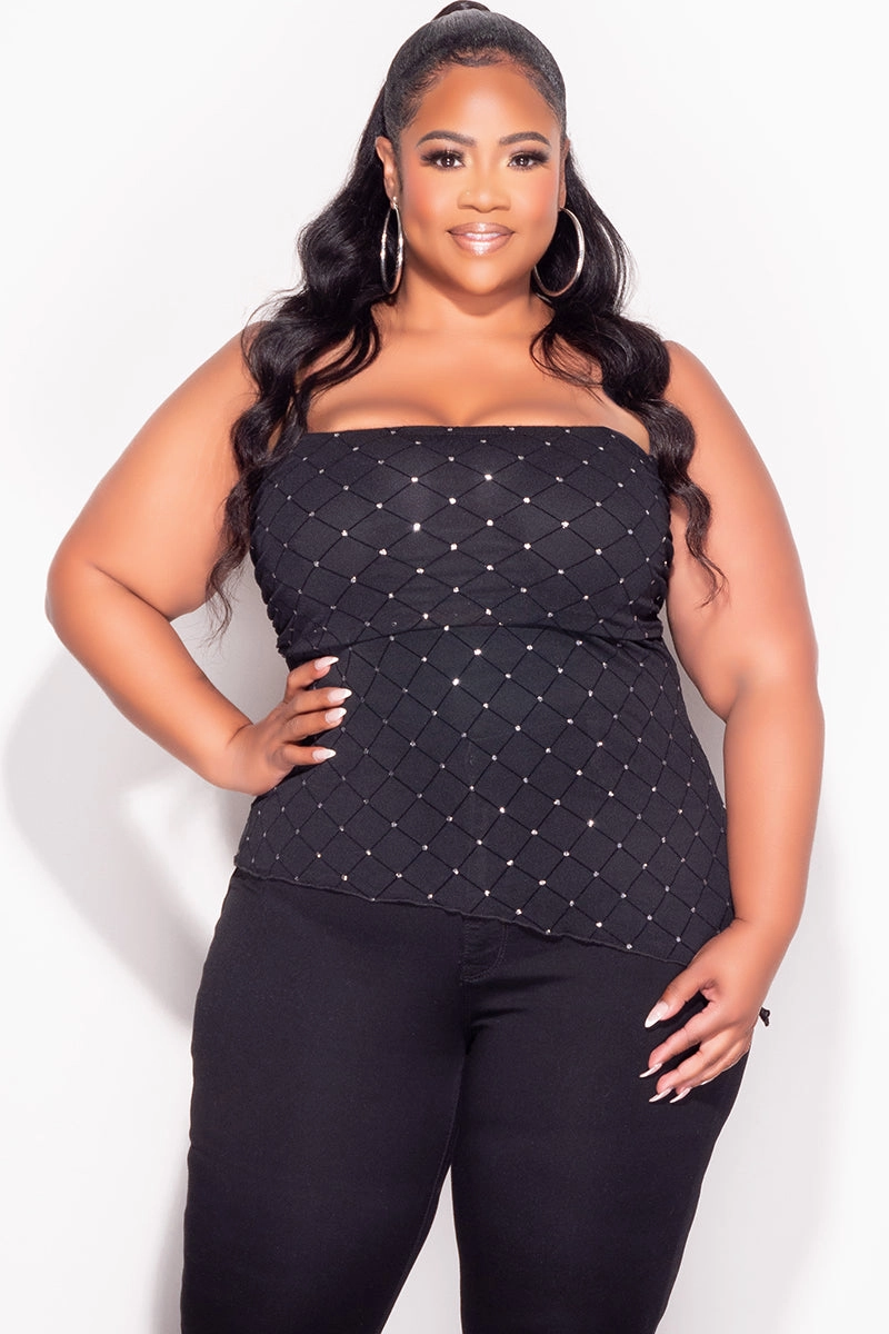 SoftCottonBlend Final Sale Plus Size Sheer  Asymmetrical Tube Top in Black with Diamond Pattern