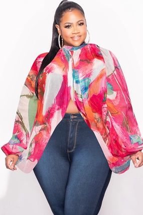 Final Sale Plus Size Sheer Balloon Sleeve Crop Top in Fuchsia Multi Color Layering Essential Perfect Fit Wear