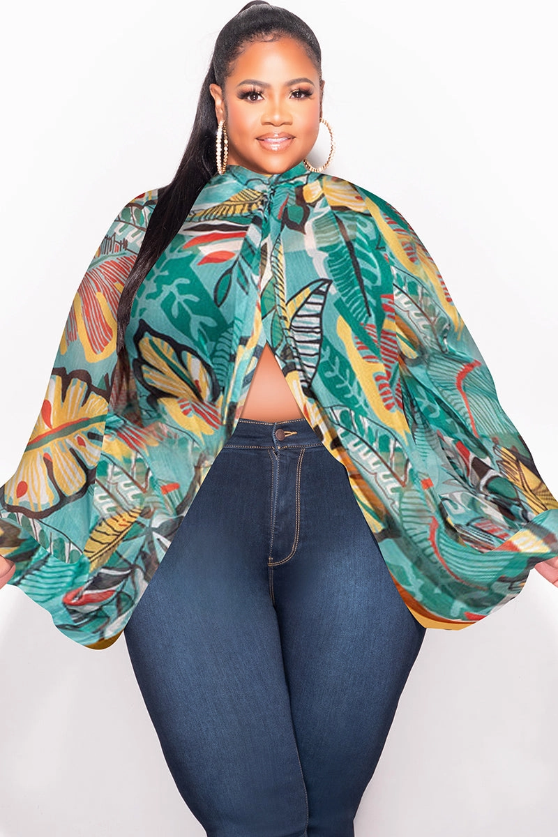 Durable Wear Final Sale Plus Size Sheer Balloon Sleeve Crop Top in Teal Multi Color Leaf Print