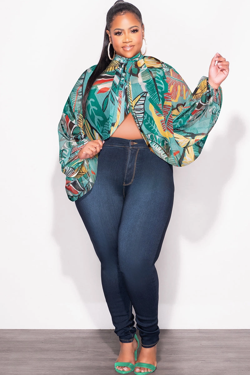Final Sale Plus Size Sheer Balloon Sleeve Crop Top in Teal Multi Color Leaf Print Flexible Design