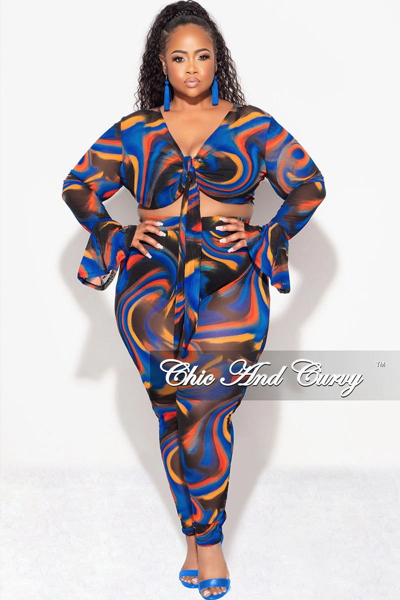 Gripper Waistband Final Sale Plus Size Sheer Bell Sleeve Tie Top and High Waist Pants Set in Royal Blue Multi Color Print Fall