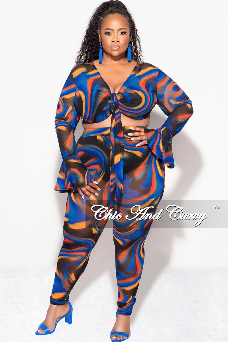 Final Sale Plus Size Sheer Bell Sleeve Tie Top and High Waist Pants Set in Royal Blue Multi Color Print Fall Flexible Knee Panels Durable Construction