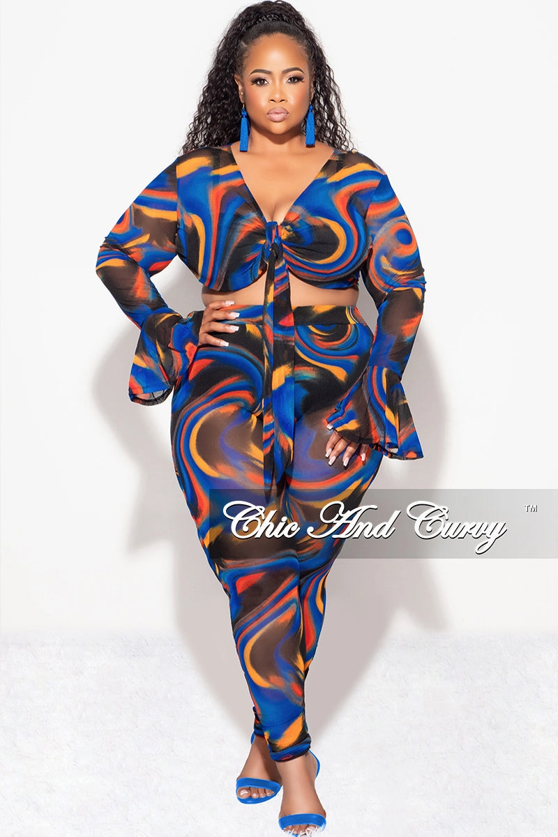 Core Fit LightweightComfort Final Sale Plus Size Sheer Bell Sleeve Tie Top and High Waist Pants Set in Royal Blue Multi Color Print Fall