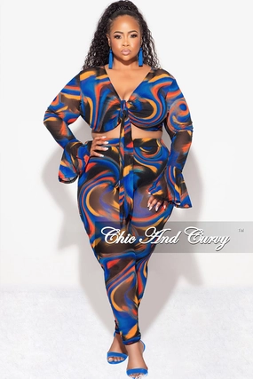 Core Fit LightweightComfort Final Sale Plus Size Sheer Bell Sleeve Tie Top and High Waist Pants Set in Royal Blue Multi Color Print Fall