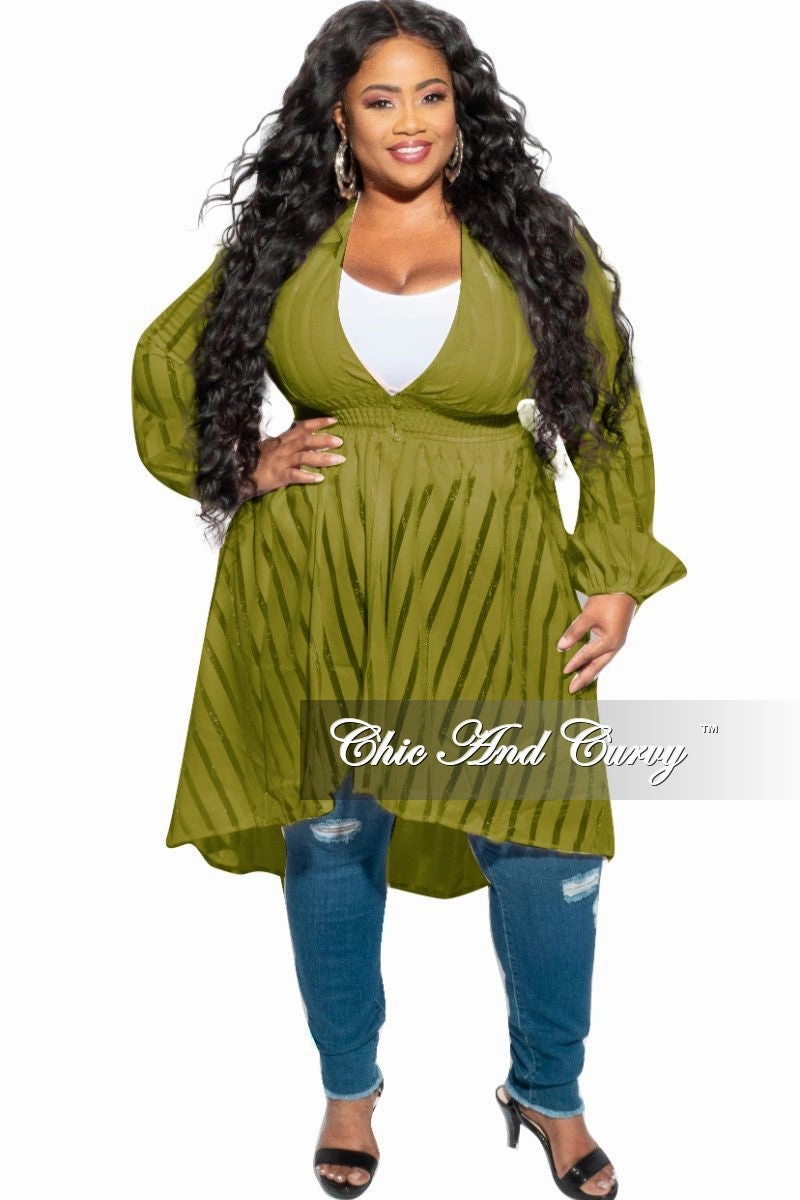 Eco Dye Process Final Sale Plus Size Sheer Button High-Low Duster in Olive
