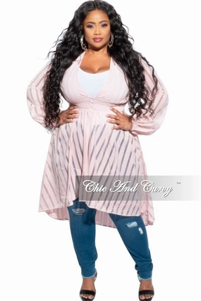 Final Sale Plus Size Sheer Button High-Low Duster in Pastel Pink ripstop fabric Noise Reduciting Fabric