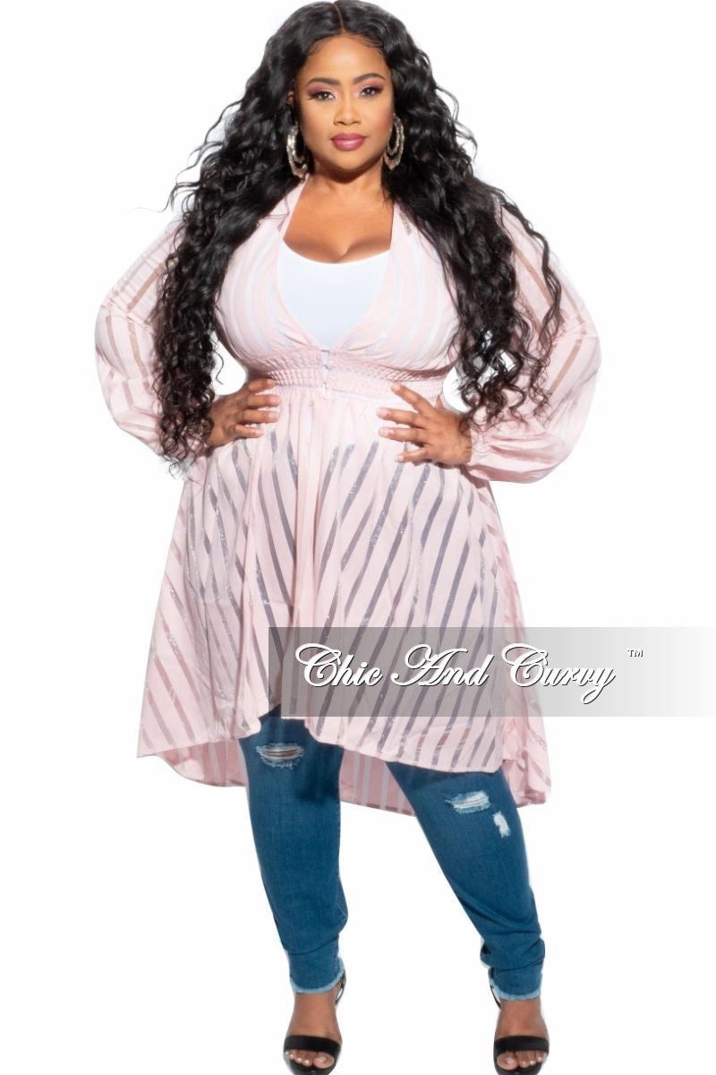 Final Sale Plus Size Sheer Button High-Low Duster in Pastel Pink ripstop fabric Noise Reduciting Fabric
