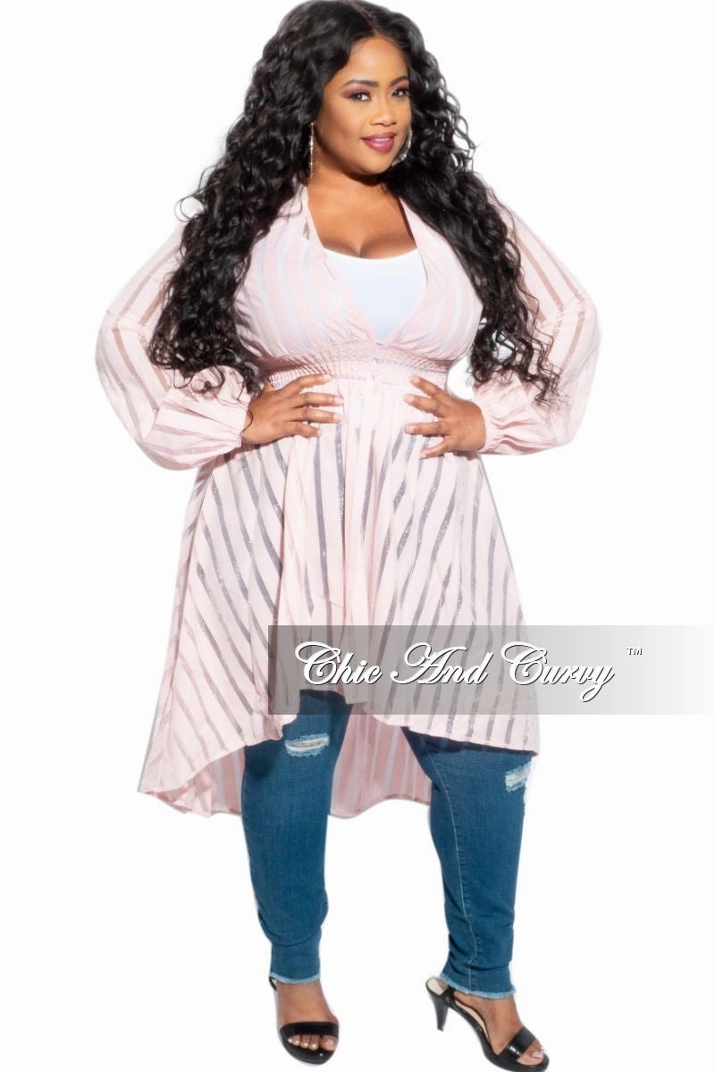 Final Sale Plus Size Sheer Button High-Low Duster in Pastel Pink TearResistantMaterial Full Flex