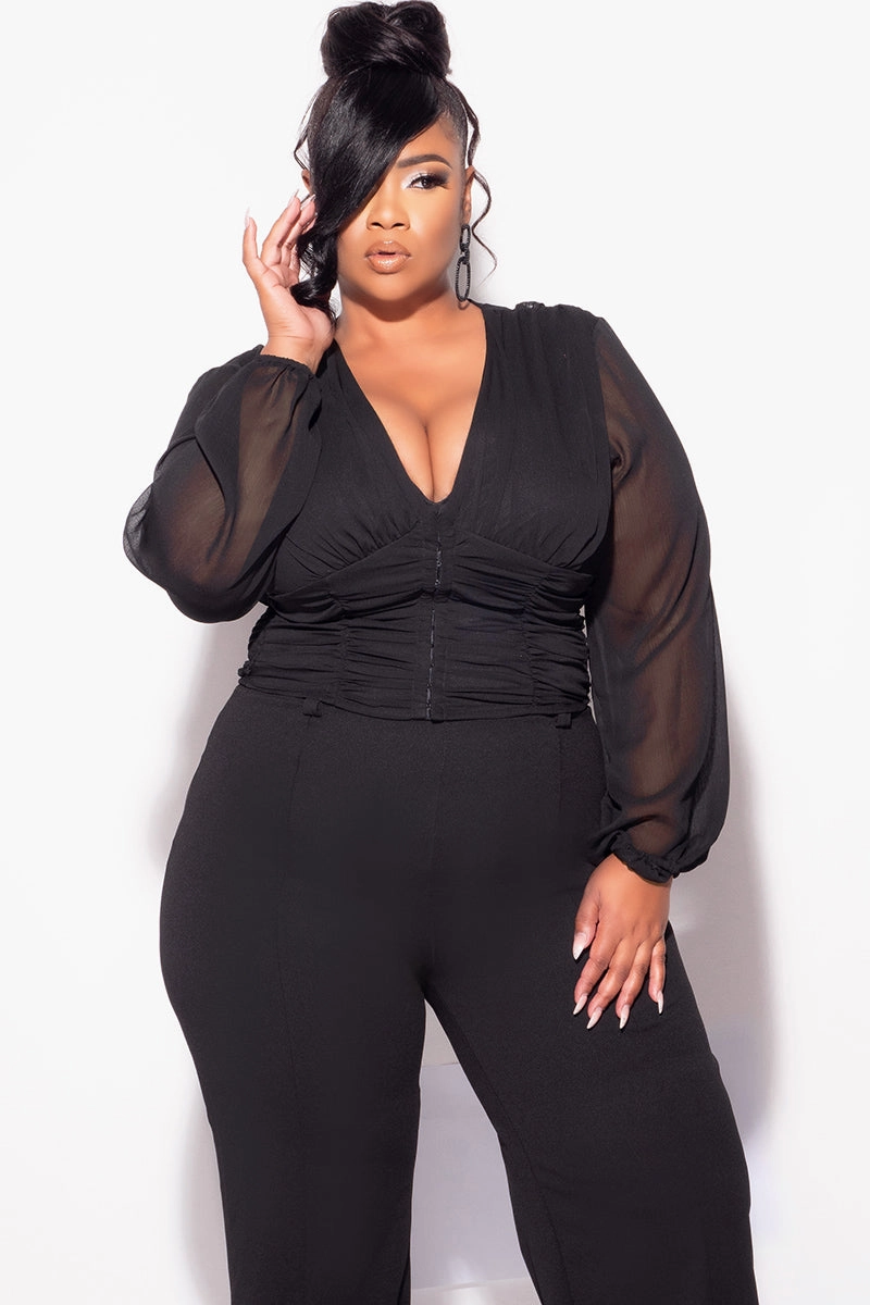 Stretchable Waist Quick Dry Wear Final Sale Plus Size Sheer Corset Top with Balloon Sleeves in Black