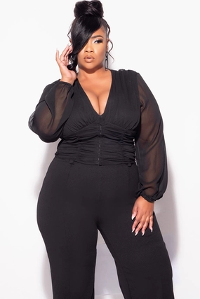 Stretchable Waist Quick Dry Wear Final Sale Plus Size Sheer Corset Top with Balloon Sleeves in Black